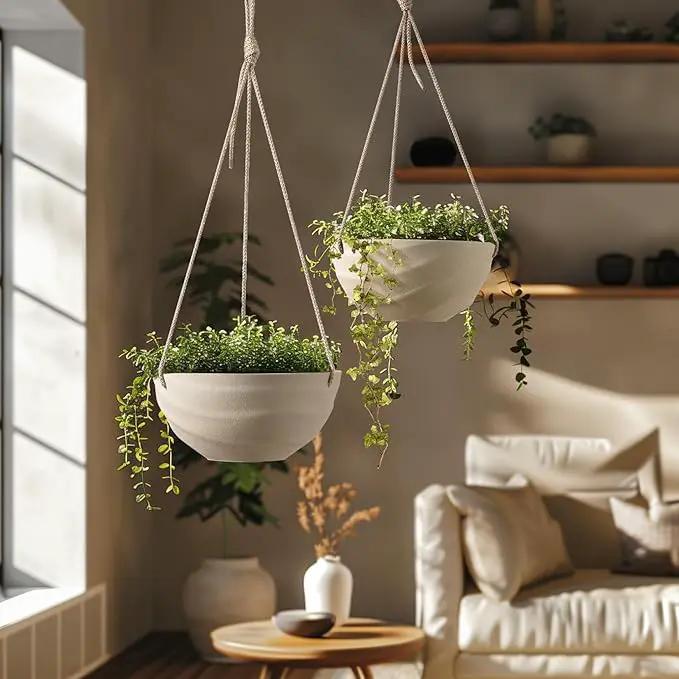 La Jolie Maison 10 Inch Hanging Planters for Indoor Plants, Outdoor Garden Planter Pots with Self-Watering Tray, Oatmeal, Set of 2 by GreenHaven Gardens