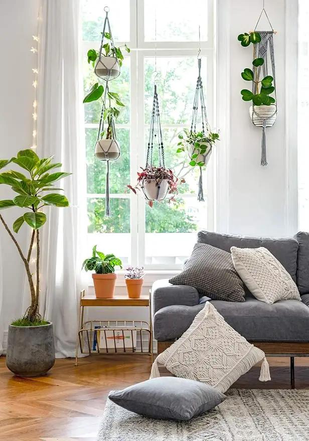 Mkono Macrame Plant Hanger Indoor Hanging Planter Basket with Wood Beads Decorative Flower Pot Holder No Tassels for Indoor Outdoor Boho Home Decor 35 Inch, Gray, Set of 3 (POTS NOT Included) by GreenHaven Gardens