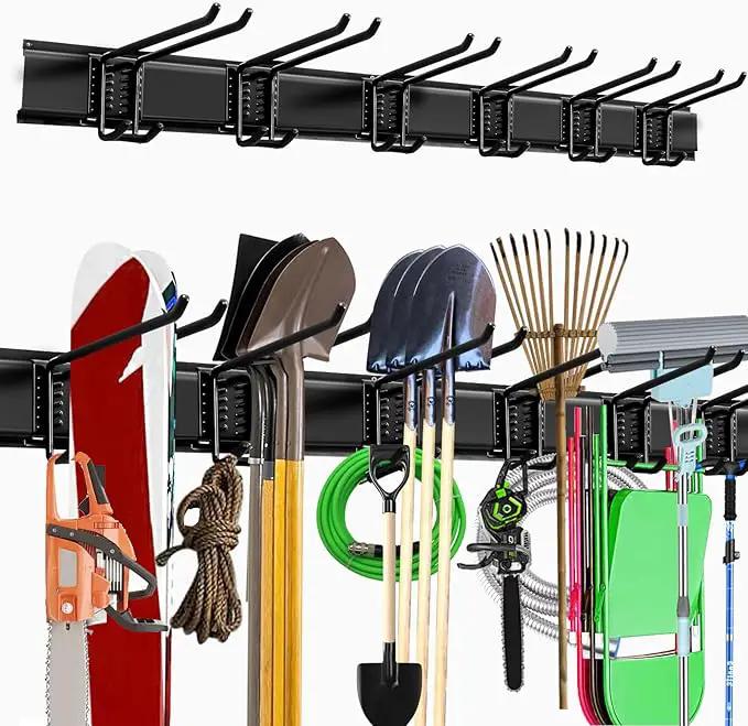 Garage Storage Rack Hooks, 48 Inch Heavy Duty Wall Mount Garage Organization with 3 Rails and 6 Adjustable Double Wall Hooks,Hanging Shelves for Garden Tool/Broom/Mop(Black) by GreenHaven Gardens