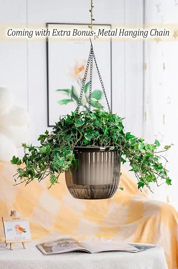 Melphoe Self Watering Hanging Planters for Indoor, 1 Pack 8.3 Inch Outdoor Hanging Plant Pot Basket, 2 Kinds of Plant Hangers Macrame 35.5’’ & Metal Chain 19.6’’ for Garden Home Decor by GreenHaven Gardens