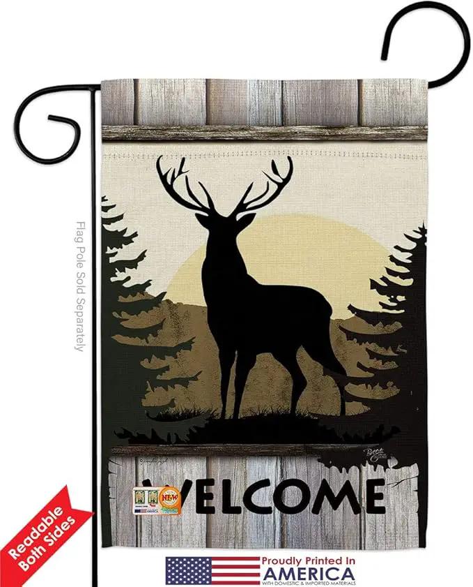 Welcome Deer Garden House Flags Kit Animals Wildlife Outdoor Bear Wolf Pet Nature Farm Animal Creature Small Decorative Gift Yard Banner Double-Sided Made In USA 28 X 40 by GreenHaven Gardens