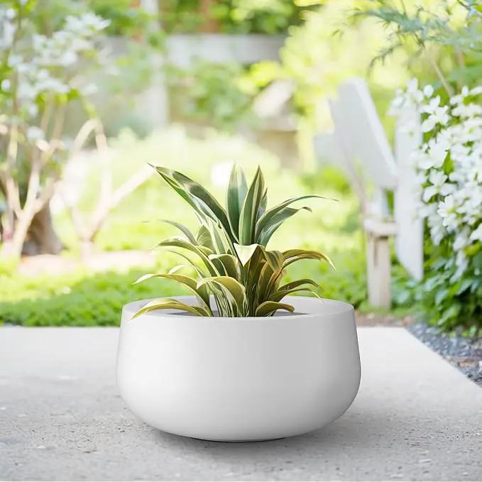 Kante 11.8" Dia Round Concrete Planter, Cement Plant Pots with Drainage Hole and Rubber Plug for Outdoor Indoor Garden Home, Modern Curvaceous Design, Pure White by GreenHaven Gardens