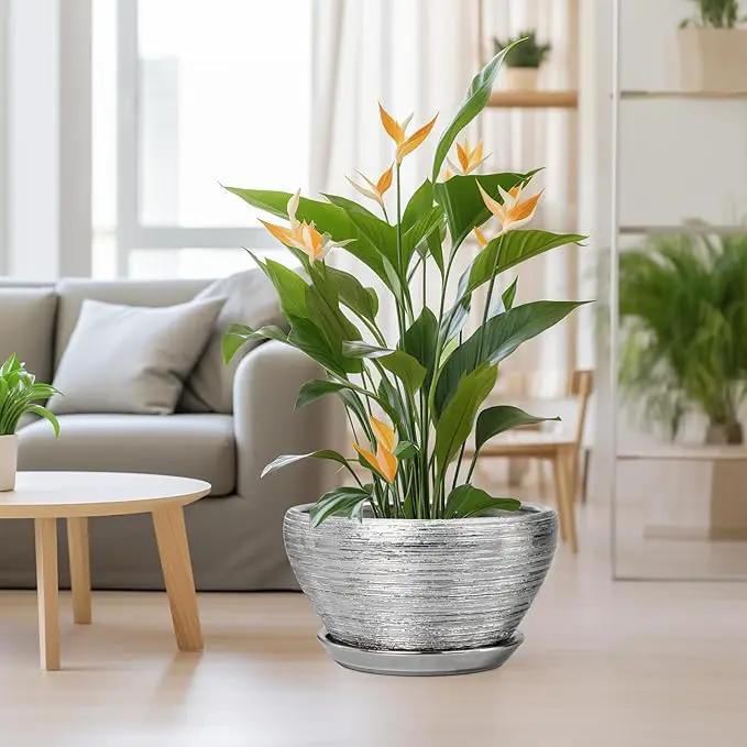 Flower Pot for Indoor Plants - Ceramic Planter 13 Inch Plant Pot with Drainage Hole and Saucer Large Decorative Planter Outdoor Mid-Century Planter for House Decor Silver by GreenHaven Gardens