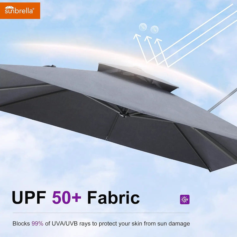 PURPLE LEAF Cantilever Umbrella 12FT Heavy Duty Large Double Top Offset Hanging 360° Rotation Square Umbrella for Garden Patio Deck Pool Backyard Cast Slate by GreenHaven Gardens