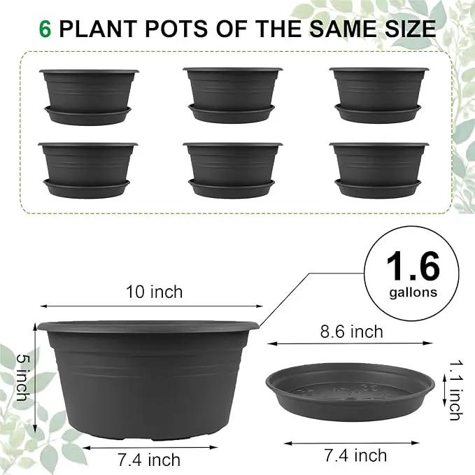 6 Pack 10 inch Plant Pot, Round Plastic Plant Pots, Outdoor Pots for Plants with Drainage Hole & Tray Saucer, Decoration Flower Pots for Indoor Plants Home Garden Outdoor Planters (Grey) by GreenHaven Gardens