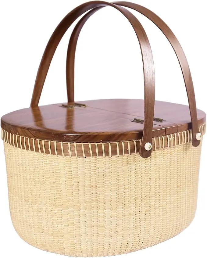 Nantucket Basket Crafts Cane-on-Cane Weave Picnic Basket Shopping Basket Basket Storage Basket Two Swing Handles (Black Walnut Activity Double Open) by GreenHaven Gardens