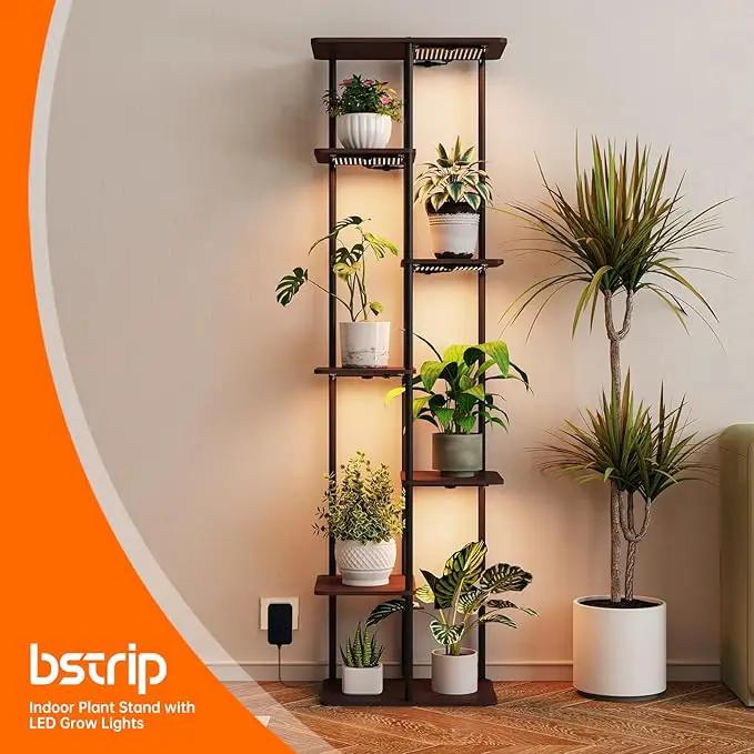 Indoor Plant Stand with Grow Lights , 7 Tier Corner Wooden Tall Grow Light Stand for Indoor Plants , Full Spectrum Dimmable 50W(5x10W) LED Grow Light Panel with Timer for Garden , Living Room by GreenHaven Gardens