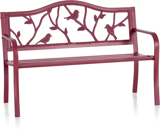 PHI VILLA Outdoor Patio 50" Metal Park Bench Red, Steel Frame Bench with Backrest and Armrests for Porch, Patio, Garden, Lawn, Balcony, Red Bird by GreenHaven Gardens