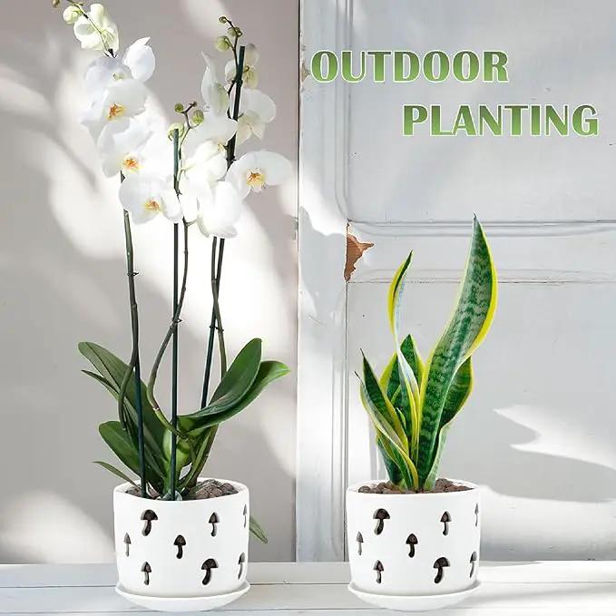 KERUITA Orchid Pots with Holes,5 inch + 6 inch Ceramic Planters Set of 2 with 2 Tray,White Flower Pot with Dancing Mushroom Shaped Vent, Enhanced Drainage and Ventilation by GreenHaven Gardens