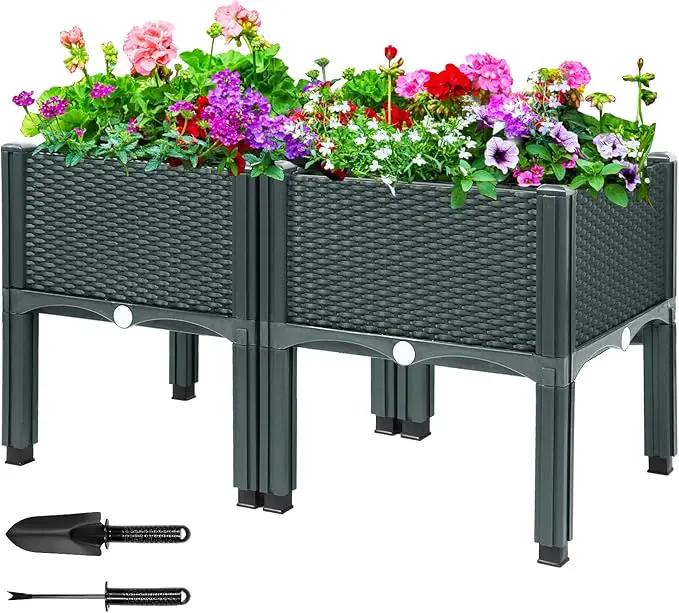 MAYOLIAH Raised Garden Bed with Drainage Elevated Planter Box Plastic Raised Beds for Gardening Vegetables Herb Flowers, Perfect for Indoor Outdoor Planting, 2 Boxes Grey by GreenHaven Gardens