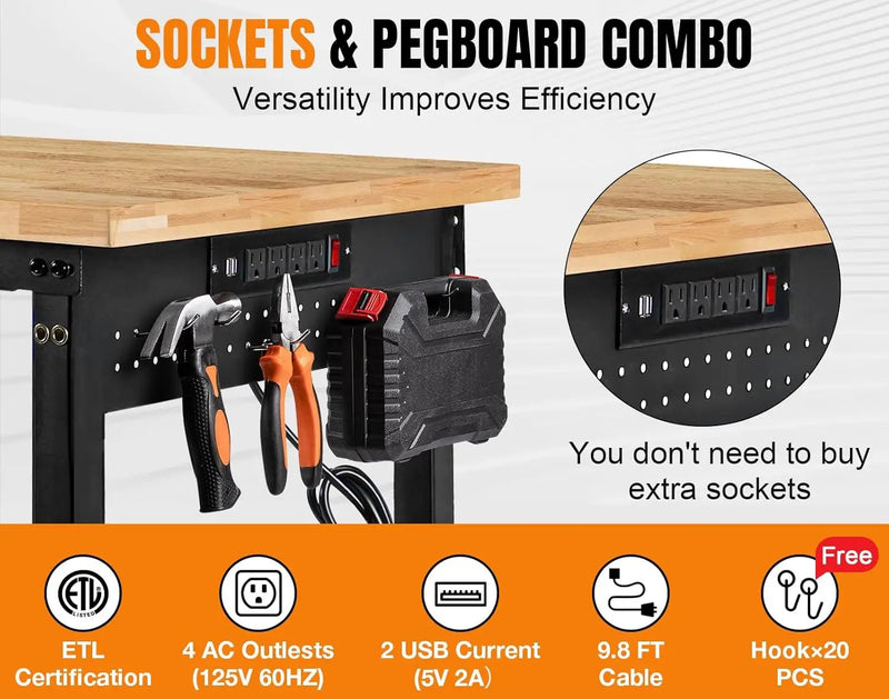 84” Adjustable Height Workbench, 5000 LBS Heavy Duty Table Rubber Wood Workstation with Power Outlet & Pegboard for Office, Garage,Workshop,Commercial,Home by GreenHaven Gardens