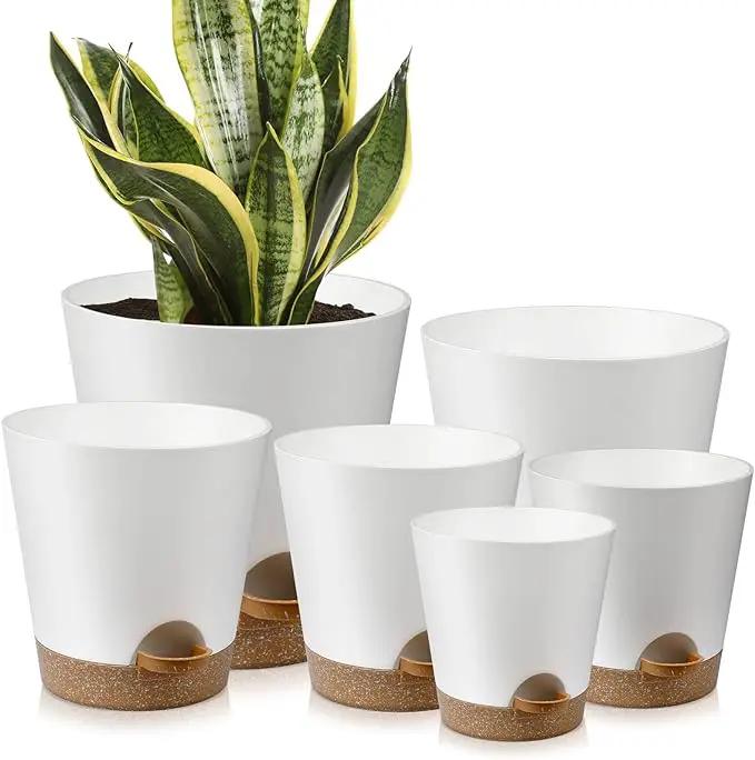 Indoor Self Watering Planters with Drainage Holes and Saucers, 8, 7, 6.5, 6, 5.5, 5 Inches, White, 6 Pots by GreenHaven Gardens