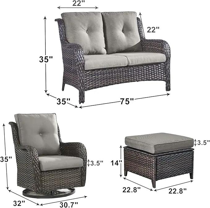 Outdoor Wicker Patio Furniture Set - 5 Piece Rattan Patio Conversation Set with 2 Rocking Swivel Chairs,2 Ottomans and 1 Loveseat for Porch Deck Backyard Garden(Brown/Grey) by GreenHaven Gardens