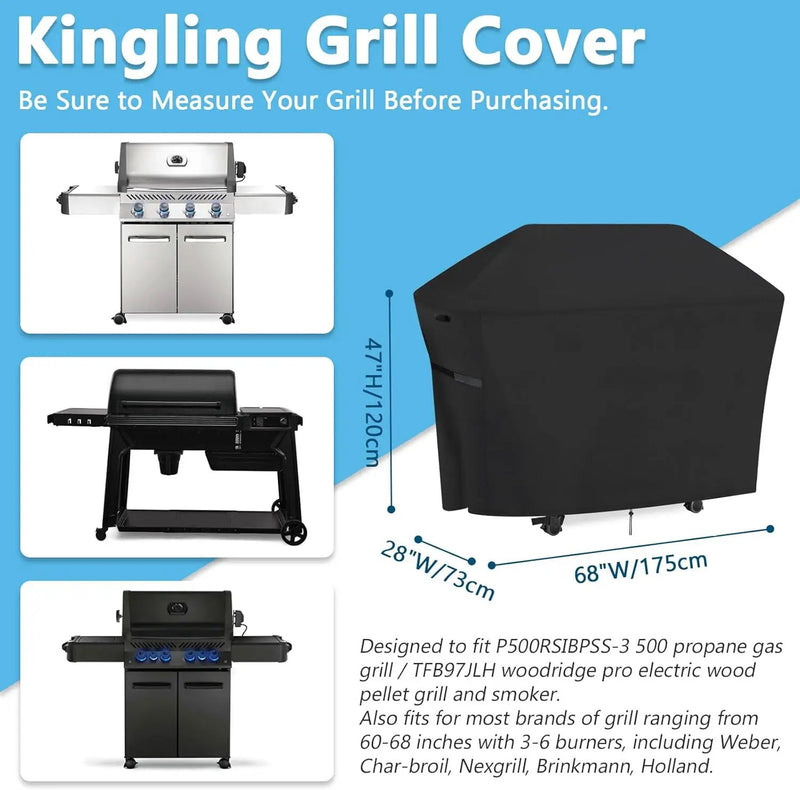 Kingling Grill Cover Fits for Traeger Woodridge Pro/Elite, Napoleon Rogue PRO-S 625, Prestige 500 RSIB Grills Waterproof Grill Cover 68 Inch BBQ Grill Covers for 7-Burner Gas Grill & Griddle by GreenHaven Gardens