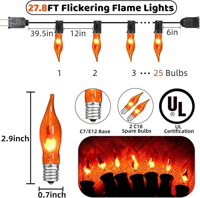 27.8Ft Halloween Decorations Flickering Flame String Lights with 27 Pack Orange Clear Flame Light Bulbs (4 Spare E12 Bulbs), Orange Christmas Lights Outdoor for Home Party Christmas Halloween Decor by GreenHaven Gardens