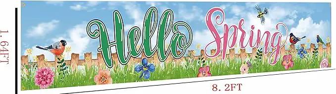Hello Spring Large Banner Birds with Flowers Banner,Welcome Home Outdoor Flag Sign Decorations Holiday Party Polyester Outdoor Decor with Brass Grommets 8.2x1.64 Ft by GreenHaven Gardens