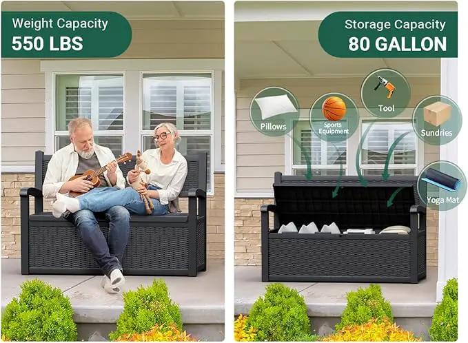 80 Gallon Outdoor Storage Box, Resin Patio Furniture with Armrest, Lockable Deck Box with Waterproof and UV Resistant for Patio Cushions, Garden Tools and Pool Supplies, Black by GreenHaven Gardens