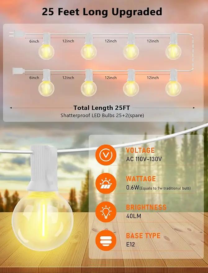 25Ft LED String Lights Outdoor, G40 Globe Patio Lights with 27 Shatterproof LED Bulbs, Waterproof Dimmable Hanging Light for Patio Wedding Bistro Party Yard Decor, E12 Socket Base, White Wire by GreenHaven Gardens