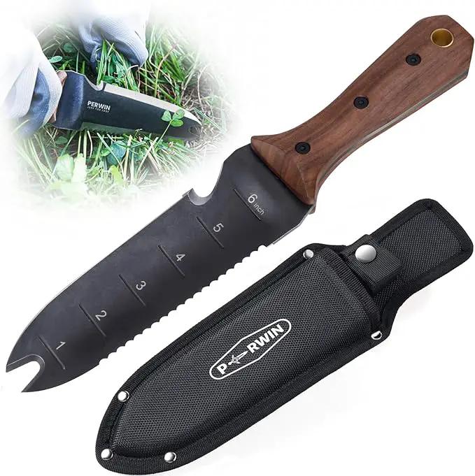 Hori Hori Garden Knife, Garden Tools with Sheath for Weeding,Planting,Digging, 7" Stainless Steel Blade with Cutting Edge, Full-Tang walnut Wood Handle with Hanging Hole by GreenHaven Gardens