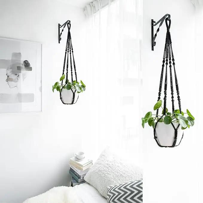 Mkono Macrame Plant Hanger Indoor Hanging Planter Basket with Wood Beads Decorative Flower Pot Holder No Tassels for Indoor Outdoor Boho Home Decor 35 Inch, Black, Set of 2 (POTS NOT Included) by GreenHaven Gardens