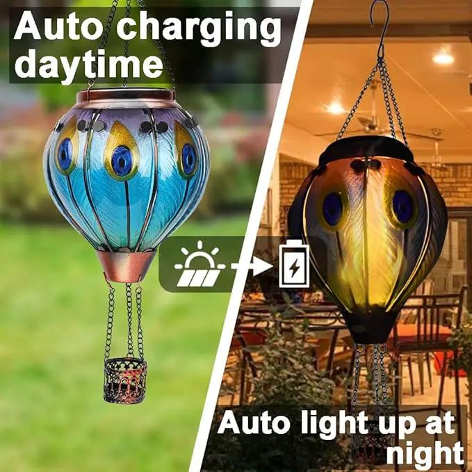 2PC Hot Air Balloon Solar Lantern with 2PC Shepherd Hook, Flickering Flame Hanging Solar Lanterns Outdoor Lights Waterproof Lanterns for Garden Patio Yard Party Decor (Peacock Feather Blue)