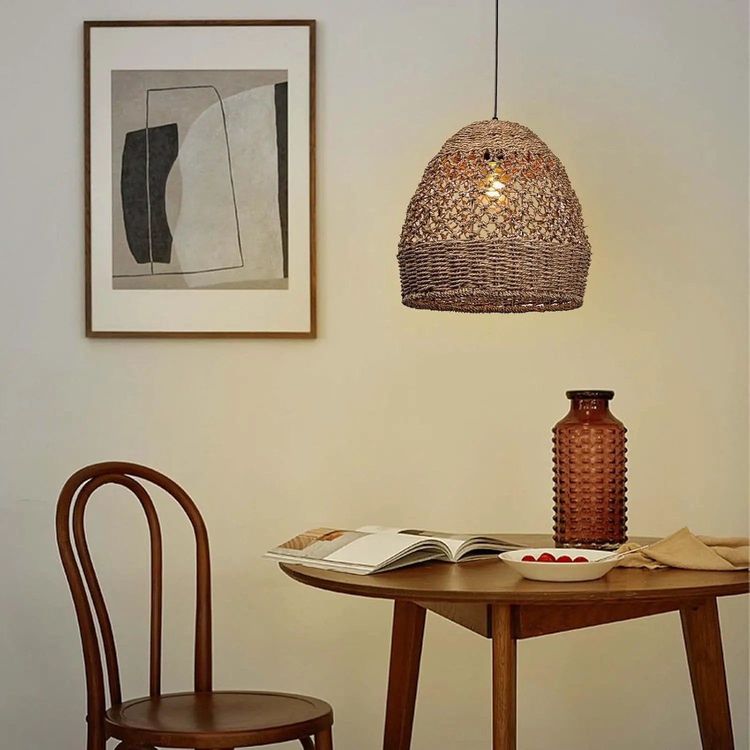 Arturesthome Woven Pendant Light, Modern Boho Hanging Lamp with Handwoven Rattan Shade, Farmhouse Coastal Pendant Light Fixtures for Kitchen Island, Dining Room, Bar, Foyer Hallway D 13.7in by GreenHaven Gardens