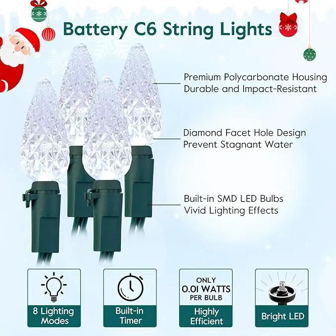 C6 LED Christmas String Lights, 20 ft 60 LED Battery Operated Faceted Strawberry Lights, Waterproof for House Roof Roofline Christmas Tree, White, 2 Pack by GreenHaven Gardens