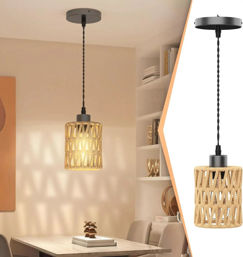 Farmhouse Hemp Rope Pendant Light - Rustic Hand-Woven Rattan Boho Hanging Light for Kitchen Island,Dining Room,Bedroom -Wicker Cage Chandelier-Coastal/Nautical Lighting Fixture Fixture(1Pack) by GreenHaven Gardens