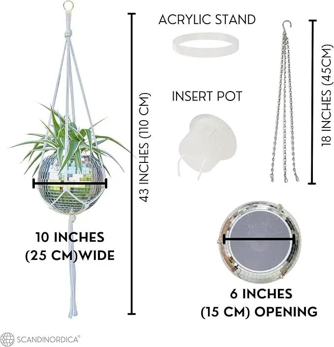 SCANDINORDICA Disco Ball Planter – Value Package: Mirror Disco Planter with Chain, Macrame Hanger and Acrylic Stand for Desk, Includes Self Watering Insert, Eclectic Home Decor | 10 inch Silver by GreenHaven Gardens