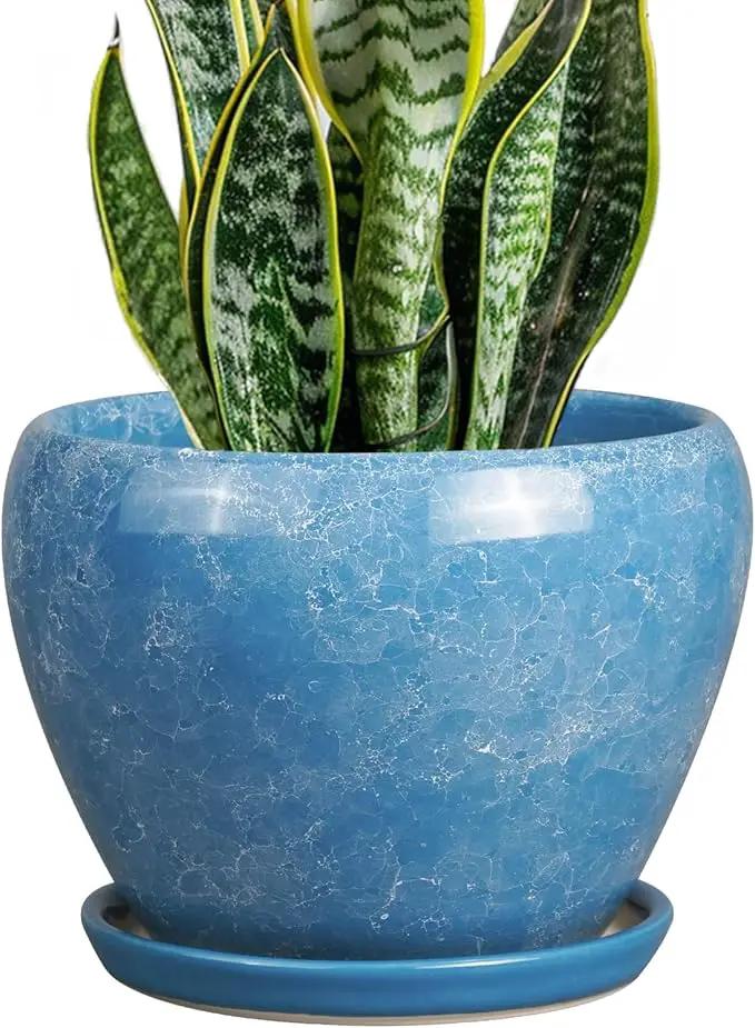 Ceramic Planter - 8 Inch Plant Pot with Drainage Hole and Saucer, Glaze Round Flower Pot for Home Garden Patio Office, Blue by GreenHaven Gardens