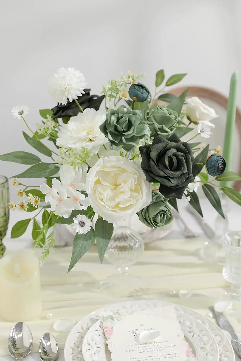 Forest Green Artificial Flowers Silk Fake Roses Peonies Greenery Combo Box Set for DIY Wedding Bouquets Bridal Shower Centerpieces Floral Arrangements Party Tables Home Decoration by GreenHaven Gardens