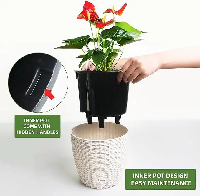 Dexceder 11x10 Inches Rattan Self Watering Planter Indoor Outdoor, Inner Pot Design, Thickened Table Flower Plant Pot with Water Level Indicator (Ivory White) by GreenHaven Gardens