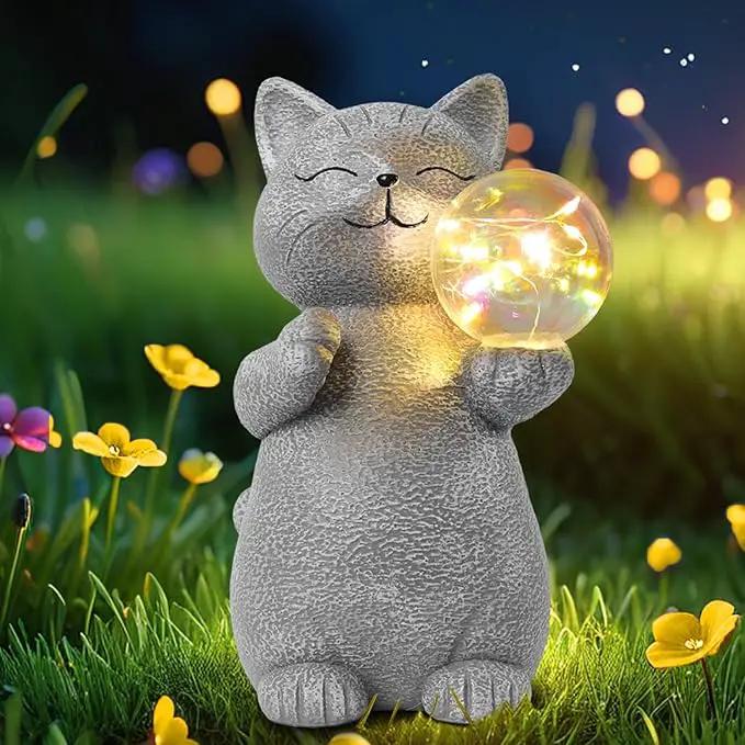 Cat Garden Statue with Solar Ball Light 7.3" Resin Cat Figurine Waterproof for Front Proch Patio Lawn Yard Balcony Decor Birthday Housewarming Gifts for Women Sister Girlfriend Grandma by GreenHaven Gardens
