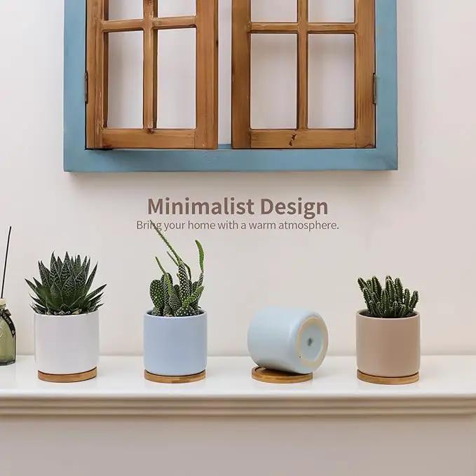 4 Inch Planters with Drainage Hole and Saucer, Small Ceramic Cylinder Plant Pot with Trays for Succulent, Aloe, Cactus & Herbs, Morandi Colors, Set of 4 by GreenHaven Gardens