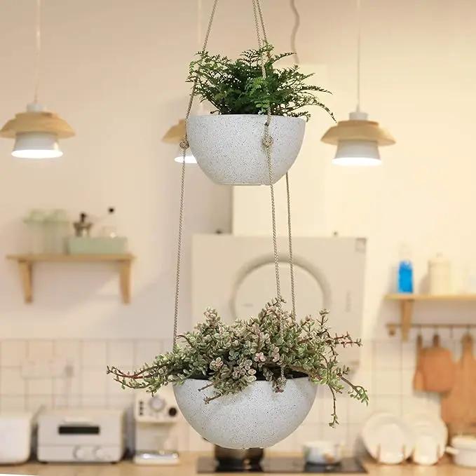 LA JOLIE MUSE 2 Tier Hanging Planters for Indoor & Outdoor Plants - Modern Flower Pots with Rope, Garden Planters with Drain Holes, Speckled White by GreenHaven Gardens
