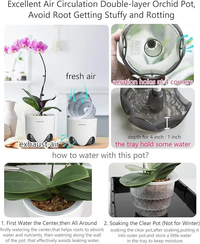 4 inch Orchid Pot with Holes for Repotting, Double Layer Plastic Imitate Ceramic Planter, Clear Orchid Pot Match Decorative Container by GreenHaven Gardens