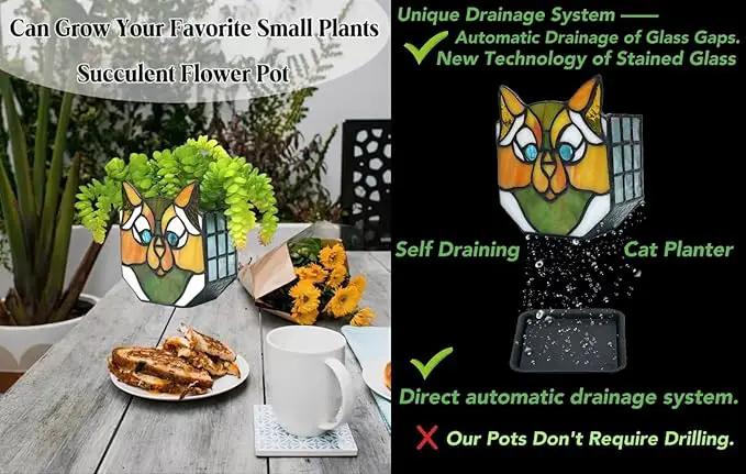 Cat Flower Pots for Indoor Plants,Stained Glass Cat Plant Displays,Cat Succulent Planter,Candle Holder Container Decoration,4.6x5.15x2.3 in (Without Succulents) by GreenHaven Gardens