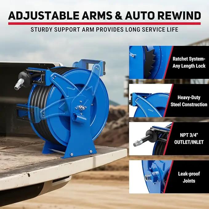 Fuel Hose Reel Retractable with Fueling Nozzle, 3/4" x 50" Heavy Duty Steel, 300PSI Industrial Auto Swivel, Spring Driven Diesel Hose Reel for Construction Farm Ship Vehicle Tank, Blue by GreenHaven Gardens