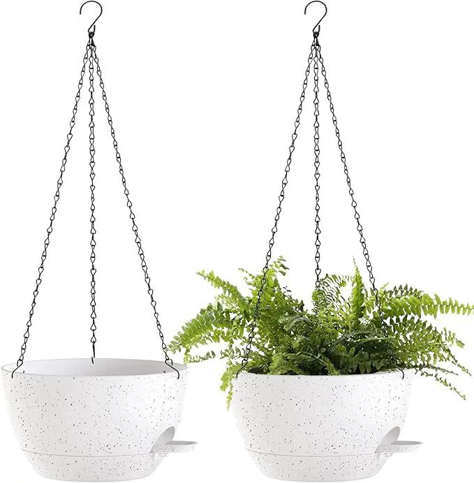 12 Inch Hanging Baskets 2 PC with Chains, Self-Watering Hanging Planters for Indoor Outdoor Plants, Plastic Hanging Flower Pots,Speckled White by GreenHaven Gardens
