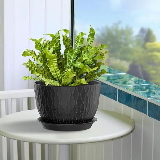 Plant Pots 12/10/9 Inch Pots, Set of 3 Plastic Planters with Drainage Holes and Saucers,Plastic Flower Pots,Nursery Planting Pot for Indoor Out Door Plants（Black） by GreenHaven Gardens