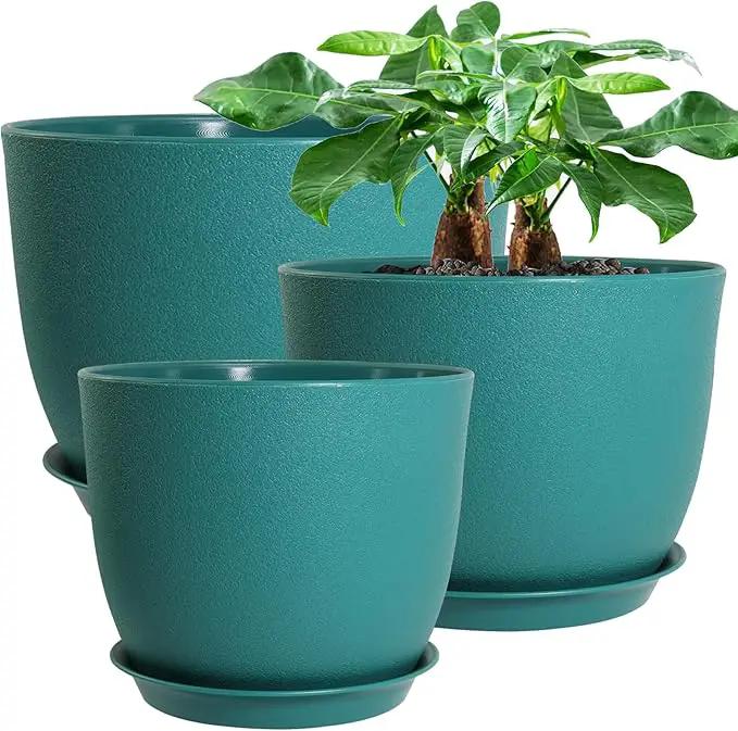 12/10/9 Large Modern Plant Pots, Plastic Planters with Drainage Holes and Saucers for Indoor Outdoor Plants Flowers, Malachite Green by GreenHaven Gardens