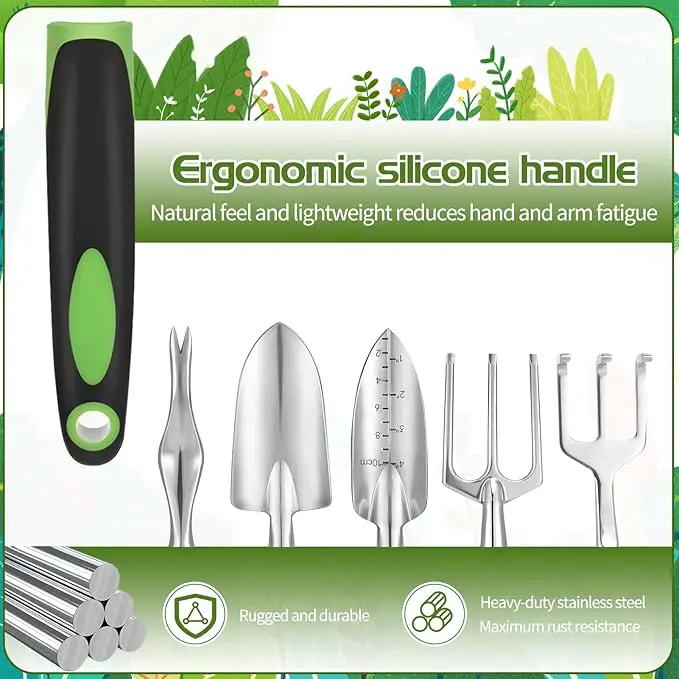 Garden Tool Set, 11 Piece Stainless Steel Heavy Duty Gardening Supplies with Green Black Handle Outdoor Weeding Gifts for Women by GreenHaven Gardens