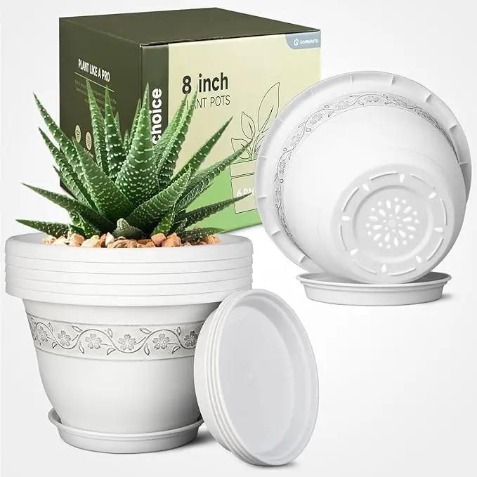 8 Inch Plant Pots with Drainage Hole - Lightweight Flower Pots for Herbs and Flowers - Home Decor Plastic Planters for Indoor Outdoor Plants- Pack of 6 (White, 8 inch) by GreenHaven Gardens