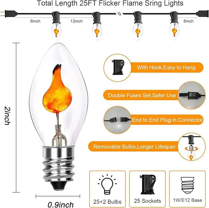C7 Christmas Flicker Flame String Lights, 25Ft C7 Outdoor Christmas Decorations String Lights with C7 Clear Flicker Flame Bulbs, Hanging Patio Lights for Christmas Halloween Party Garden Porch-Black by GreenHaven Gardens