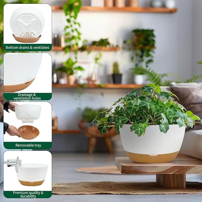 8/10/12 Inch Pots for Indoor Plants, Large Self Watering Planters with Drainage and Saucers, Plastic Outdoor Flower Pot, Set of 3, White by GreenHaven Gardens