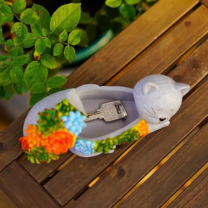 Outdoor Cat Key Hider Statue - Cute Succulent Cat Hide a Key Outdoor Decorative - Small Gift Box for Women, Home Decor & Cat Gifts (Cat) by GreenHaven Gardens