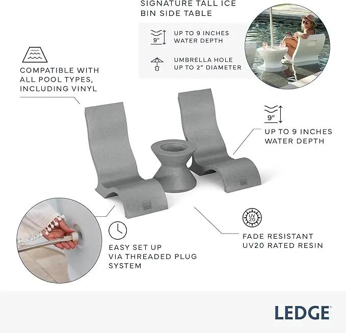 Ledge Lounger Signature Chair Set - Two Chairs - Ice Bin Side Table - in-Pool - On-Deck - Water Depths 0-9” - All Types - Resin Water Chairs - Pool, Sundeck, Outdoor Patio (Granite Grey)