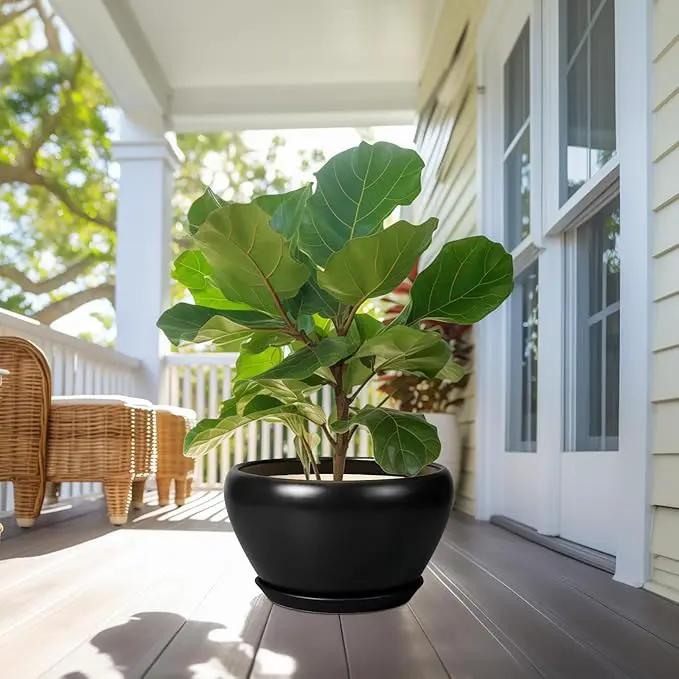 Ceramic Pot for Plants Large - 13 Inch Plant Pot Indoor with Drainage Hole and Saucer Round Planter Decorative Planter Outdoor Flower Pot for House Decor Balcony Black by GreenHaven Gardens