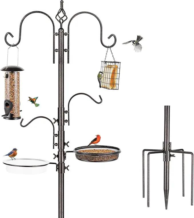 Deluxe Bird Feeding Station Kit With Multi Feeder Hanging Pole, Metal Suet Feeder, Bird Bath, Mesh Tray for Attracting Wild Birds and Planter Hanger (1 Pack) by GreenHaven Gardens