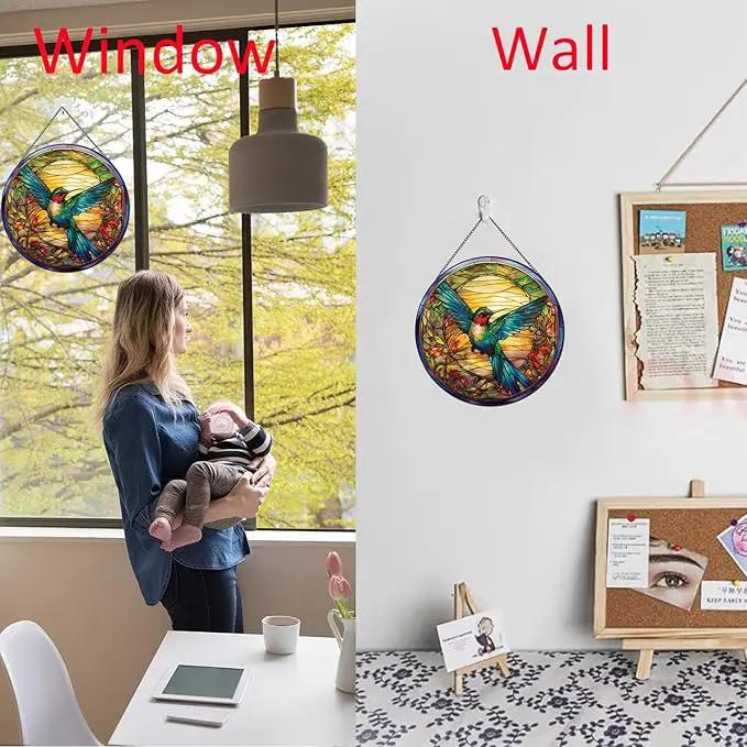 Hummingbirds Pattern Stained Glass Suncatchers for Windows,Hanging Stained Glass Suncatcher,20cm/7.87inch Hand-Painted Sun Catcher Garden Hangings Painted Glass Panel Decor Themed Gift by GreenHaven Gardens
